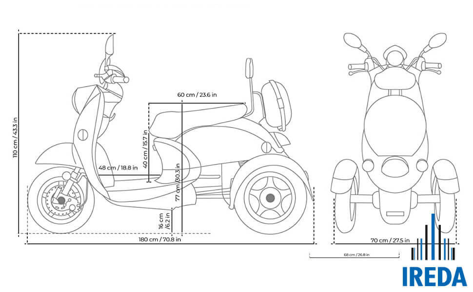 Scooter 3 Ruote Milano - Modello Ireda Old Style ZT63 (Misure)